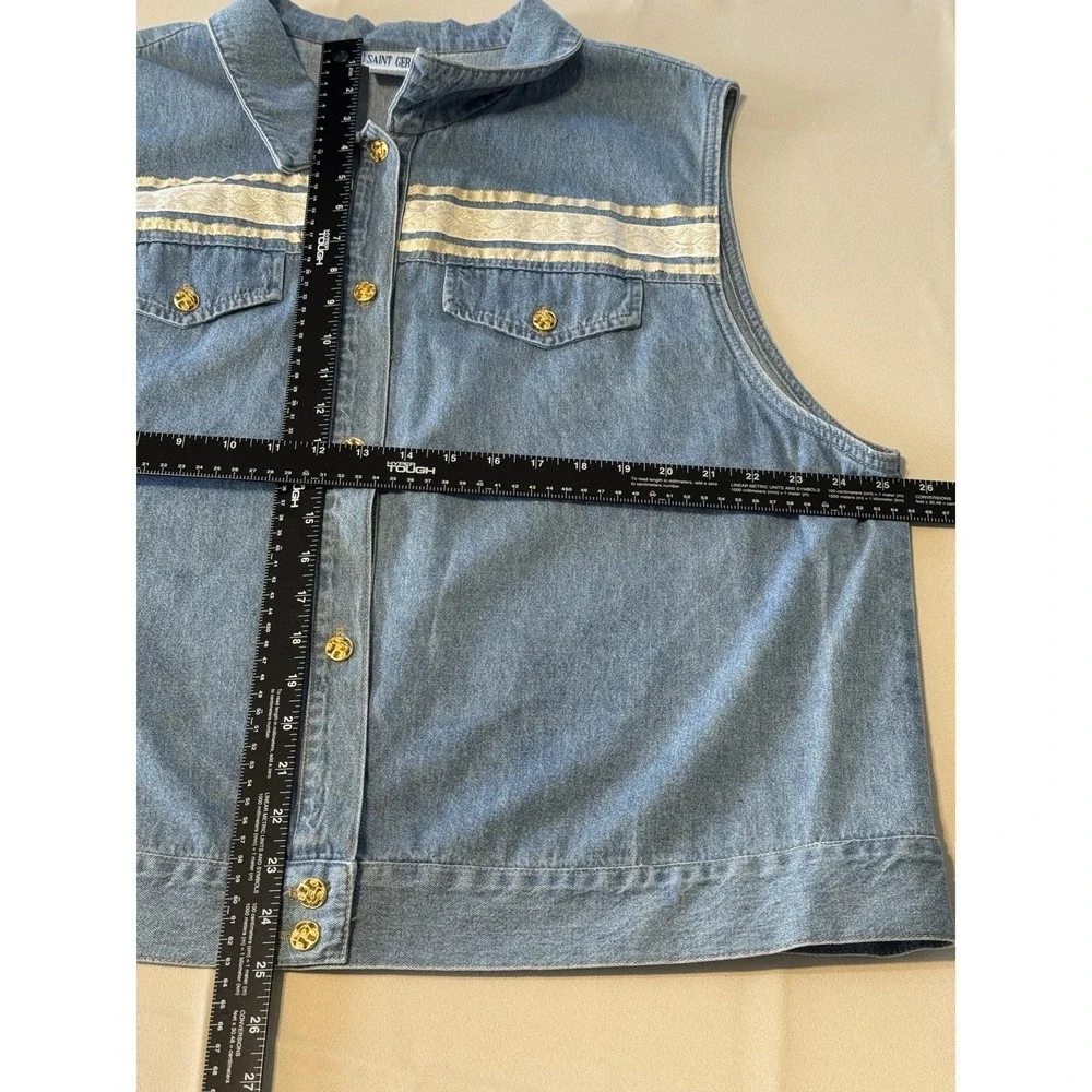 Vintage Saint Germain Denim Vest Womens 2X Made USA Gold Button Western Boho 90s